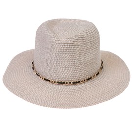 JK Home Panama Fedora Hats Trilby Straw Summer Sun Hat, Wide Brim Foldable Women Men One Size, UPF 50+ Beach Cap Pink Beige