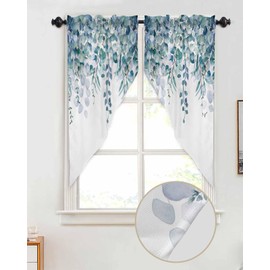 Cortinas de ventana de cocina, hojas de eucalipto, hojas botánicas, acuarela, hojas pequeñas, tratamiento de ventana, color azul, café, cortinas cortas, para baño, recámara, 56 pulgadas de ancho x 36