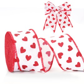 jijAcraft Valentine's Day Burlap Wired Edge Ribbon, 1-1/2 Inch x 11 Yards Red Ribbon with Glitter Heart for Valentine's Day Gift Package Wrapping, Wedding Wreath Bows Craft Decoration