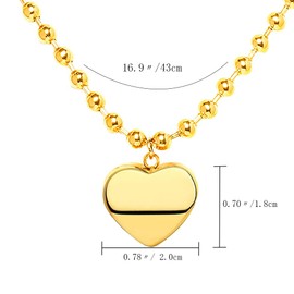 Bidgutory 18K Gold Stainless Steel Bead Chain Necklace for Women, Heart Pendant, Valentine's Day Birthday Mother Gift (Gold)