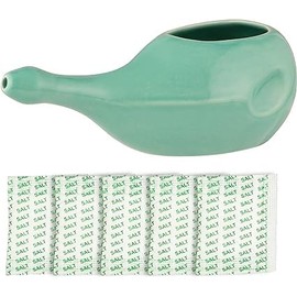 Ancient Impex Ceramic Neti Pot wihtout Handle for Nasal Cleansing with 5 Sachets Neti Salt, Holds 300 Ml. (10.14 FL Oz) Capacity - Turquoise Color