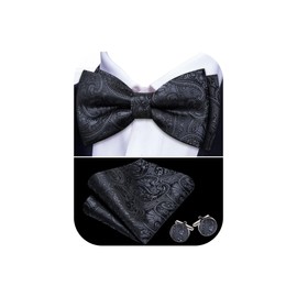 Barry.Wang Charcoal Black Bow Tie Set Men Paisley Silk Pre-Tied Bowtie Pocket Square Cufflinks Formal Wedding Prom Party Tuxedo
