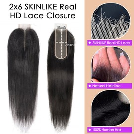 2x6 HD Lace Closure Human Hair Straight SKINLIKE Lace Closure Pre Plucked Bleached Knots 0.10mm Ultra Thin Kim K Closure HD Lace, 20 Inch Natural Black