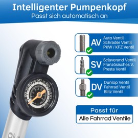 HiLo sports Bicycle Pump Small for All Valves - Intelligent Pump Head - Automatic Valve Change - 8 Bar Barometer Mini Air Pump - Mini Bicycle Pump with Frame Mount (Silver-Black)