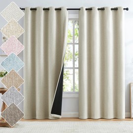 Natural Faux Linen Textured Full Blackout Curtain Panels for Bedroom/Living Room, Rustic Farmhouse Burlap Textured Look Thermal Insulated Window Panel Drapes 52"x63"x2 Beige/Ivory