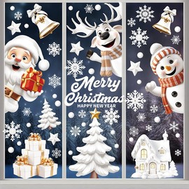 Fingooo Christmas Window Seals, Wall Stickers, Decorations, 9 Sheets, 7.9 x 11.8 inches (20 x 30 cm), 144 Pieces, Stickers, Removable, Gel, Static, Glass, Waterproof, Double-Sided, Stainless, 3D,