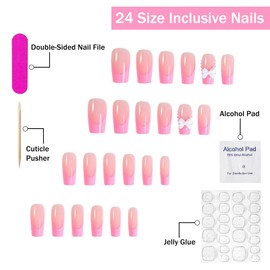 Press on Nails Medium Square SWEKKE Pink French Tip Fake Nails False Nails with Designs Pearls Bow Charm Glossy Glue on Nails French Manicure Acrylic Nails for Women Girls 24 Pcs