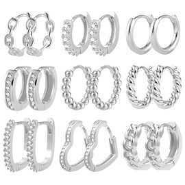 Hoop Earrings for Women, ALEXCRAFT 9 Pairs Multipack Silver Hoop Earrings Set, Hypoallergenic Small Piercing Huggie Cartilage Hoop Earring with Zircon Silver Twist Heart Square Chain Hoop Earrings