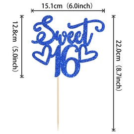 1 decoración para tartas de 16 años, diseño de corazón con purpurina, para cumpleaños de 16 años, para decoración de tartas de 16 años, color azul oscuro