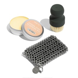 Made In Cookware | 3-Piece Carbon Steel Cleaning Set | Includes Chain Mail Scrubber, Cleaning Brush and Carbon Steel Seasoning Wax