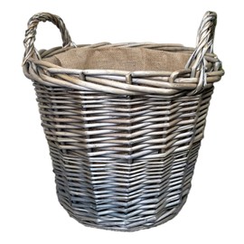 Wicker Lined Log Basket Classic Round Fireplace Storage Grey Woven Wood Handles 32cm
