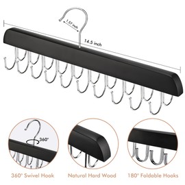 NECAMOCU 2 Pack Bra Hanger for Closet Organizer, Premium Wooden Tank Top Hangers with 40 Foldable Hooks, 360° Rotating Design, Space Saving Storage for Tank Tops, Bras, Scarves and More, Black