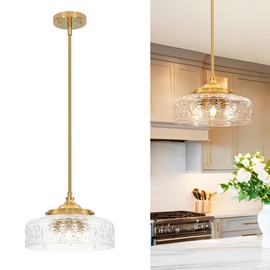 3-Light Adjustable Pendant Lights Kitchen Island, Gold Brushed Metal & Clear Glass Ceiling Pendant Light, Vintage Brass Drop Lights for Bathroom, Hallway, Convertible Ceiling Mount Or Hanging Fixture