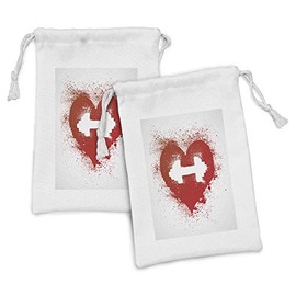 Ambesonne Fitness Fabric Pouch Set of 2, Red Heart with Stains Splashes and Dumbbell Grunge Love Design, Small Drawstring Bag for Toiletries Masks and Favors, 9" x 6", Red and White