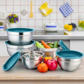 P&P CHEF Mixing Bowls with Blue Lids Set, Stainless Steel Nesting Salad Bowl for Fruits Egg Cream Mixing, Size 4.6, 3, 1.5, 1, 0.7 QT, Refrigerator & Dishwasher Safe