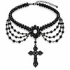 Layered Black Beaded Cross Necklace, Draped Multi-Strand Gothic Choker for