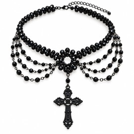 Layered Black Beaded Cross Necklace, Draped Multi-Strand Gothic Choker for Women, Victorian-Inspired Statement Jewelry