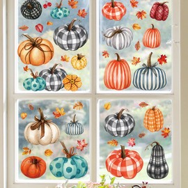 Jesiramoo Fall Thanksgiving Decorations Indoor: 9 Sheets Large Farmhouse Pumpkin Fall Leaves Window Clings, Watercolor Rustic Boho Window Decor for Kids Home School Office Party, Double-Sided Printed