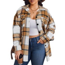 Zeagoo Women's Plus Size Flannel Plaid Shacket Casual Button Down Long Sleeve Flannel Shirts Fall Tartan Jacket Brown 22W