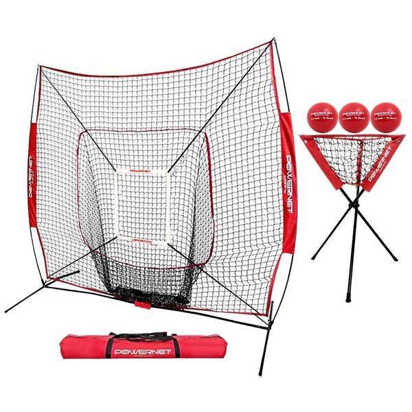 PowerNet DLX Combo 6 Piece Set for Baseball Softball | 7x7 Practice Net Bundle w/Strike Zone, Ball Caddy + 3 Weighted Training Balls | Team or Solo Training | Hitting & Throwing (Red)