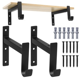 Pack of 2 Shelf Brackets Black Angle Metal Shelf Brackets, Heavy Duty Shelf Brackets with Hooks, 90 Degree Shelf Bracket Wall Mount for Wall Mount Shelf (152 mm/6 Inches/Black)