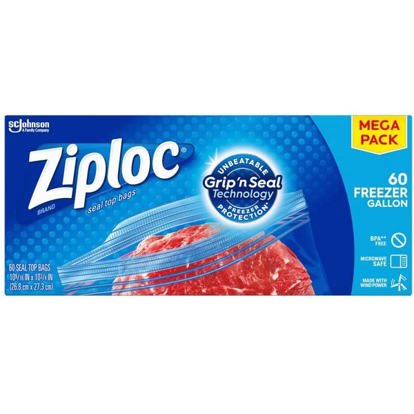 Ziploc Freezer Bags with New Grip 'n Seal Technology, Gallon, 60 Count