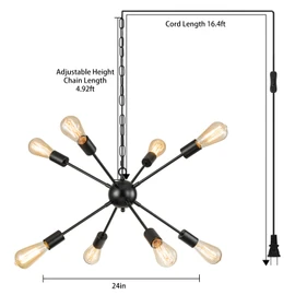 SineRise Plug-in Sputnik Chandeliers Black, 8 Lights Modern Sputnik Lighting Fixture with Adjustable Height for Dining Room, Living Room, Kitchen, Bedroom and Hallway