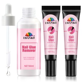 Semi Solid Nail Glue Gel with 60ML Nail Glue Remover, EBANKU Quick Drying Solid Super Strong Nail Glue No Uv Light Needed, Press On Nail Remover Easy Removal Debonder for Glue on Nail Tips
