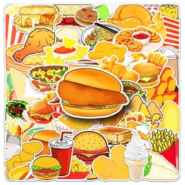 50 Packs Fast Food Stickers Water Bottles Laptop Phone Computer Guitar Skateboard Hamburger Fries Vinyl Sticker Waterproof Aesthetic Trendy Decals for Kids Teens Girls Adults