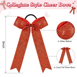DEEKA Red Glitter Long Tail Cheer Bows Shiny College Cheerleader Ponytail Holder Bows for Volleyball Softball Girls Pack of 12