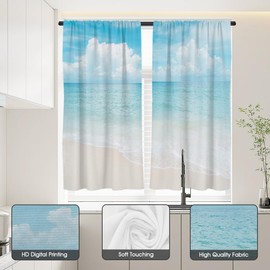 zokyer Beach Kitchen Curtains Ocean Coastal Summer Hawaii Sea Blue Sky Beachy Nautical Small Short 27.5" W x 39" L Window Treatment Tiers for Bedroom Living Room Bathroom 2 Panels Rod Pocket Drapes