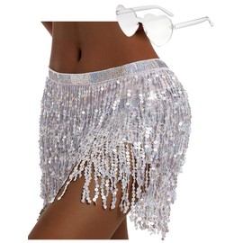 Sequin Fringe Belly Dance Hip Rave Party Costume Sparkle Skirt with Heart Sunglasses for Women and Girls, White, 33 Short