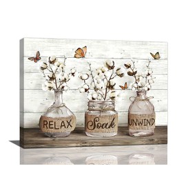 Tijuboni Farmhouse Bathroom Decor Wall Art Rustic Cotton Flower Pictures Canvas Prints Country Relax Soak Unwind Bathroom Sign Butterfly Artwork Modern Home Decor Ready to Hang 12"x16"