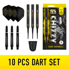 Harrows Dave Chisnall Chizzy Series 3 Player Dart Set | Professional Darts 90% Tungsten Soft Tip | All Weights Pro Darts | 10-Piece Set with Supergrip Carbon Midi Shafts (18g)