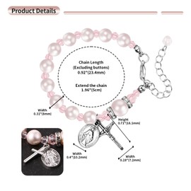 Cupimatch Elegant Christian Rosary Bracelet: Pink Pearl Beads with Stainless Steel Cross & Madonna Pendant, Adjustable Chain, Catholic Orthodox Religious Jewelry Gift for Women for Mothers Day