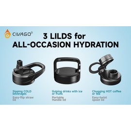 CIVAGO 32 oz Insulated Water Bottle With Straw, Stainless Steel Sports Water Cup Flask with 3 Lids (Straw, Spout and Handle Lid), Wide Mouth Travel Thermal Mug, Navy Blue