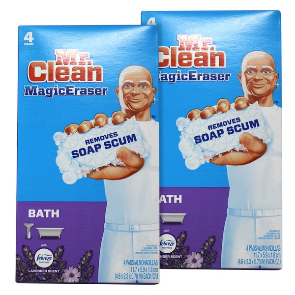 Mr. Clean Magic Eraser Lavender Scent with Febreze, Removes Soap Scum, 4 Pads (Pack of 2)