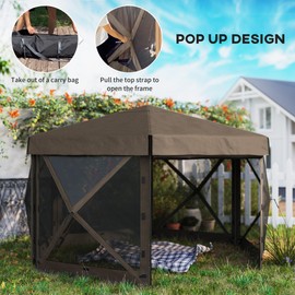 Outsunny 12' x 12' Hexagonal Pop Up Gazebo Canopy Tent with 5 Sidewalls, Waterproof Portable Outdoor Canopy Shelter with Curtains, Carry Bag, 5 Ropes, 11 Stakes for Camping, Garden, Patio, Brown