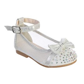 Silver Infant Toddler Girls Mesh Flats with Elastic Strap/Rhinestone and Bow Flower Girls Shoes #137 Silver Size 2