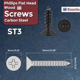 Kozelo 100pcs Phillips Flat Head Wood Screws - [ST3x10mm] Carbon Steel Countersunk Self Tapping Screws for Furniture Assembly, Interior Trim, Outdoor Construction, Black