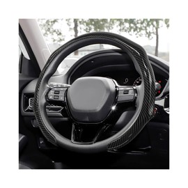 Sun Walker Carbon Fiber Car Steering Wheel Cover, 15" Anti-Slip Wear-Resistant Steering Wheel Protector Stylish Interior Decor, Ultra-Thin Comfortable Leather Wheel Cover for Women Men (Black)