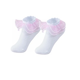 1 Pair Girls Cute Ruffle Socks Frilly Pearls Lace Socks for Little Girls Dress Sock (US, Alpha, Medium, Regular, Pink)