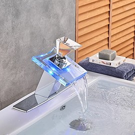 BIJKHSISN Basin Faucet Waterfall LED 3 Color Glass Outlet Bathroom Battery Powered Basin Mixer Tap Chrome Deck Mounted Hot Cold Tap