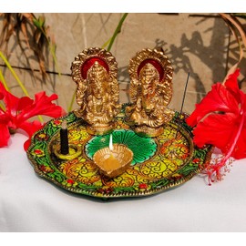 Aluminium Golden Color Plate for Puja Diwali Gift Items Deepawali Decorations Indian Dhanteras Pooja Statue Thali (Puja Set 6" Multi)