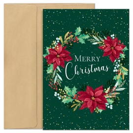 Masterpiece Studios Hollyville 16 Christmas Cards in a Keepsake Box, Poinsettia Greenery Wreath, 5.6" x 7.8"