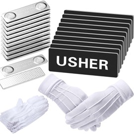 10 Pcs Magnetic Usher Tags with 10 Pairs White Nylon Cotton Gloves Reusable Usher Supplies for Church Acrylic 1 x 3 Inch Usher Badge Name Tag with Magnet for Uniform Church Gatherings(Black)
