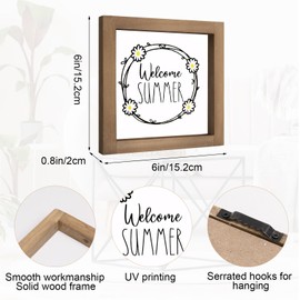 pechpell Welcome Summer Sign, 6×6 Inch Wood Framed Welcome Summer Decor with Flowers, Modern Decoration for Home Farmhouse Kitchen Table Shelf Tiered Tray Indoor