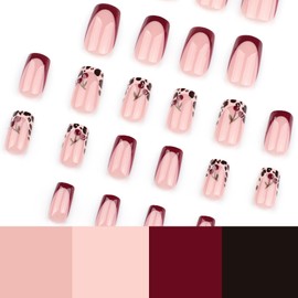24Pcs Square Press on Nails Medium Short French Tip Simple with Nude Leopard Design Fake Nails Full Cover Glossy Acrylic Glue on Nails Short Stick on Nails False Nails for Women JP3670