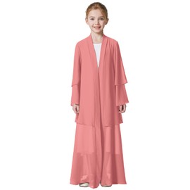 Muslim Chiffon Abaya for Girls Open Front Cardigan Dress Middle East Arabian Abayas Dresses Islamic Long Robe Dress for Kids Church Eid Ramadan Prayer Dress For Girls Coral Pink + Hijab 11-12 Years
