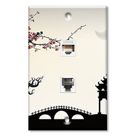 Art Plates - Decorative Printed 2 Port Data Wall Plate - RJ11 Telephone Jack Connector and RJ45 (Cat5, Cat6, Cat7) Ethernet Connector - Gold-Plated Contacts - Asian Architecture I